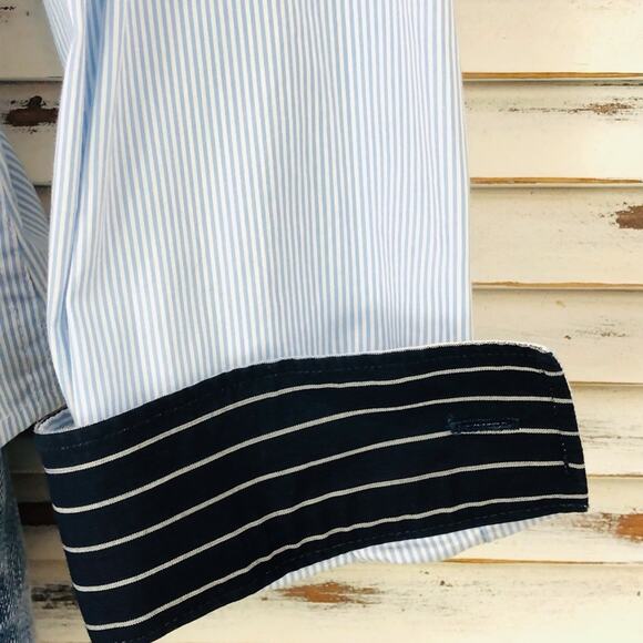 H&M Classic Light Blue Pinstripe Long Sleeve Button Front Shirt Navy Stripe Cuff - Picture 6 of 16
